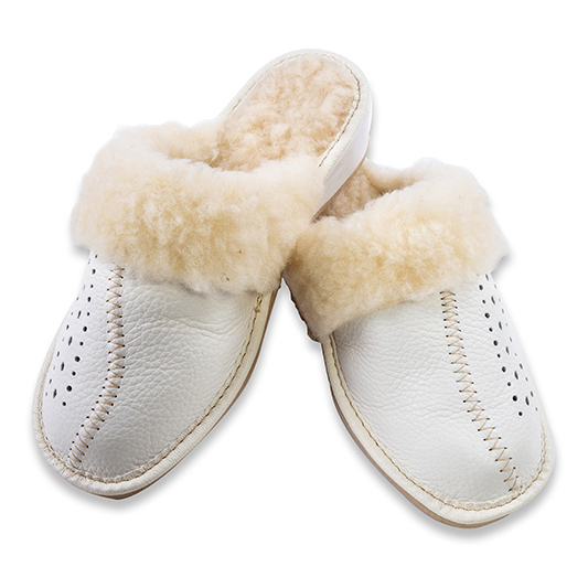Dámské kožené pantofle na klínku s ovčí vlnou bílé